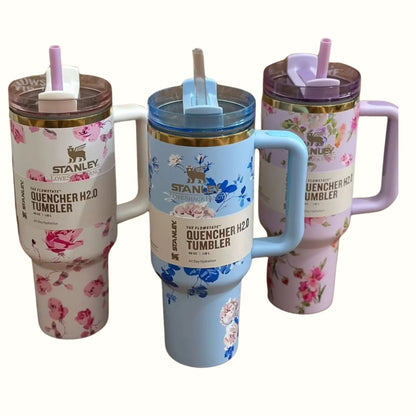 White Floral Stanley Style 40oz Tumbler – Leakproof Stainless Steel Cup with Straw, Handle & Lid